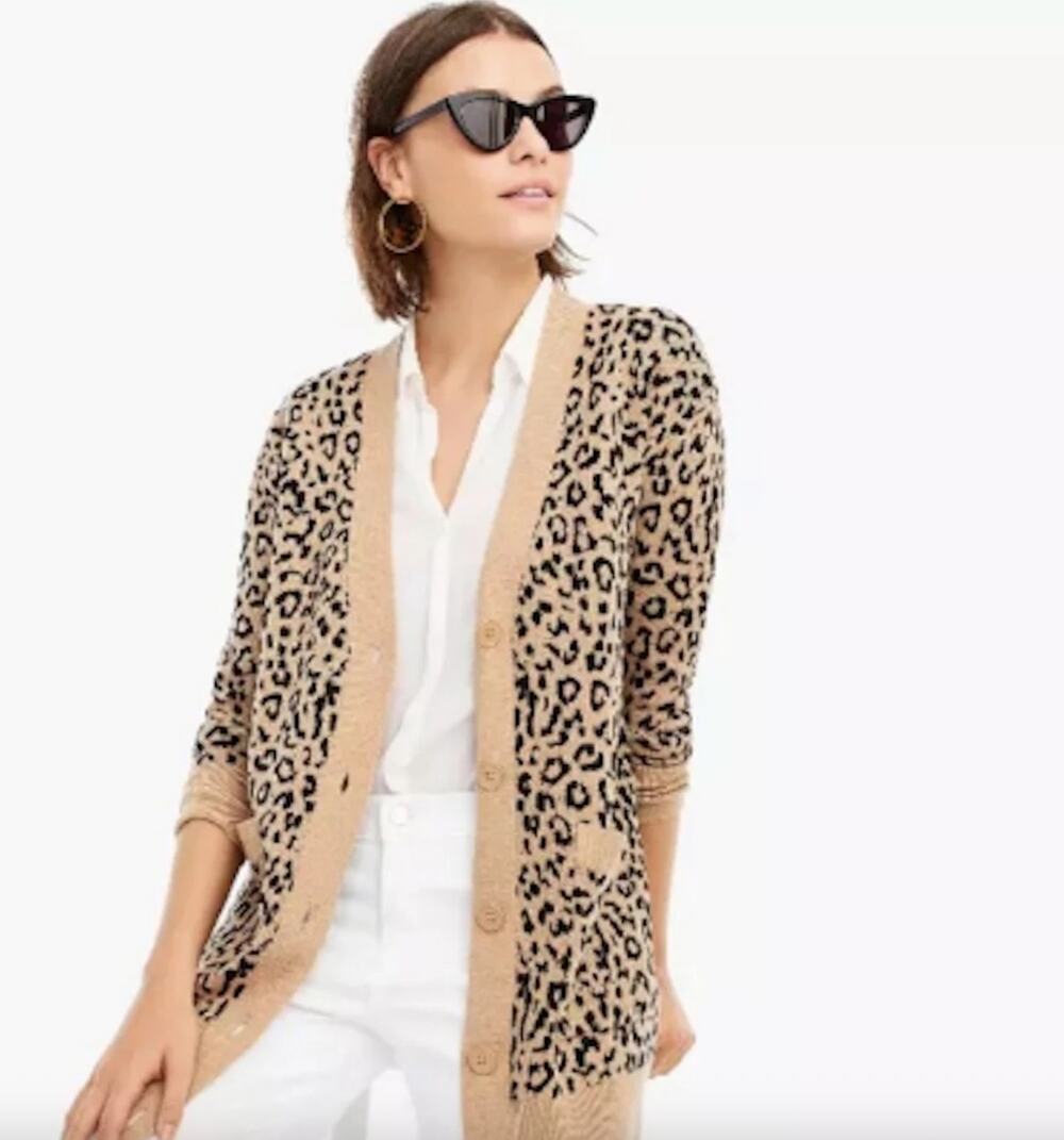 J. Crew V-Neck Long Cardigan Sweater in Leopard Jacquard Size XS Maximalist